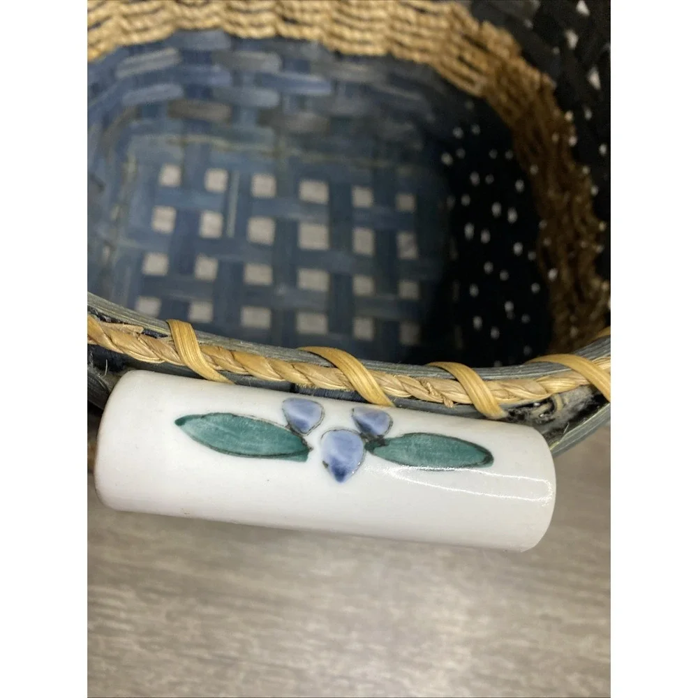 Vintage Bamboo Woven Basket Blue With Porcelain Handle